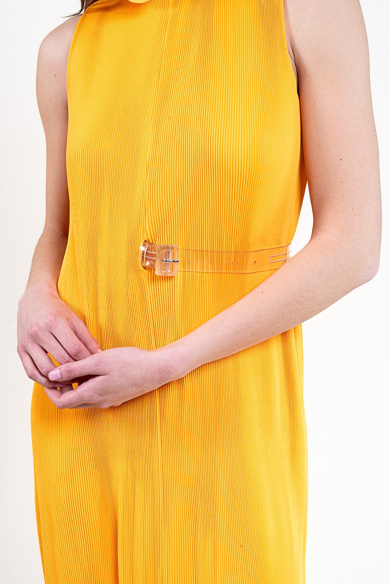 Marigold Pleated Mockneck Ruffle Midi Dress