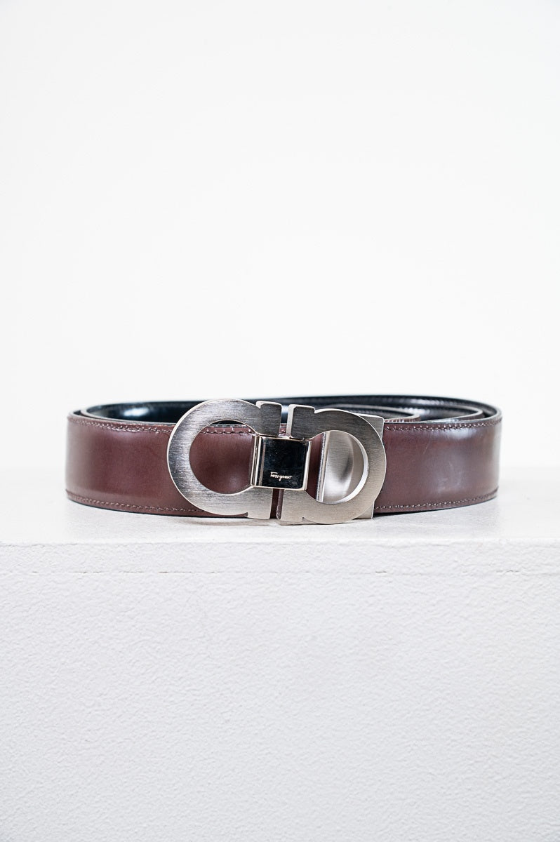 Brushed Metal Buckle on Brown & Black Reversible Belt