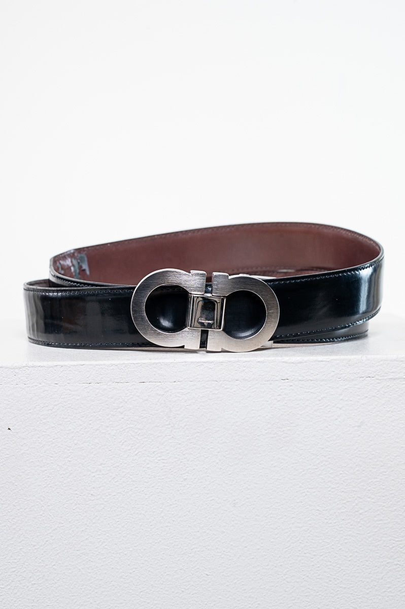Brushed Metal Buckle on Brown & Black Reversible Belt
