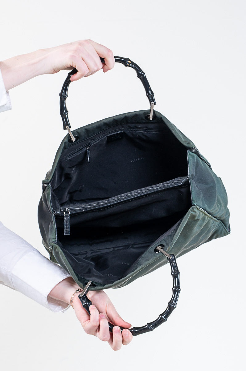 Olive Green Nylon Bamboo Handle Bag