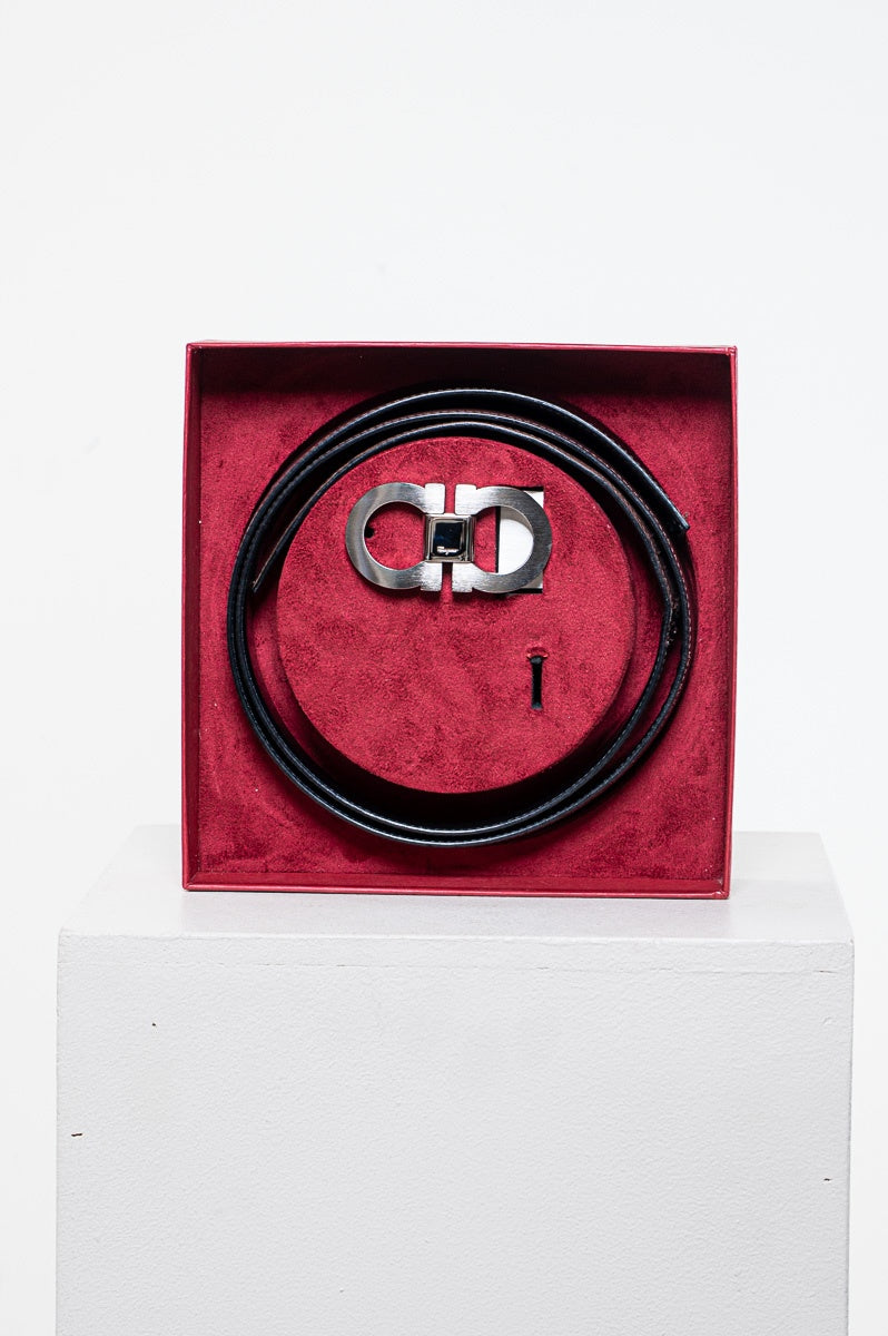 Brushed Metal Buckle on Brown & Black Reversible Belt