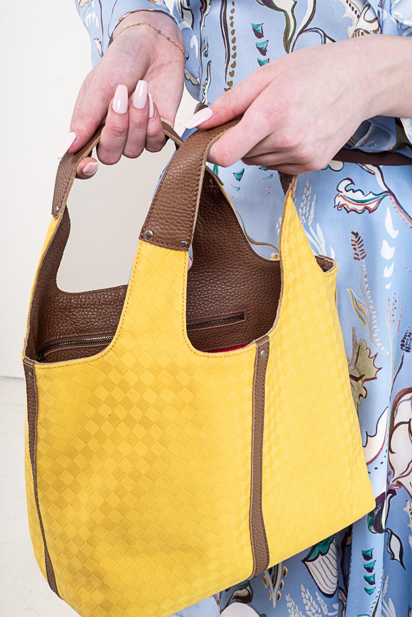 Yellow and Brown Leather Textured Tote