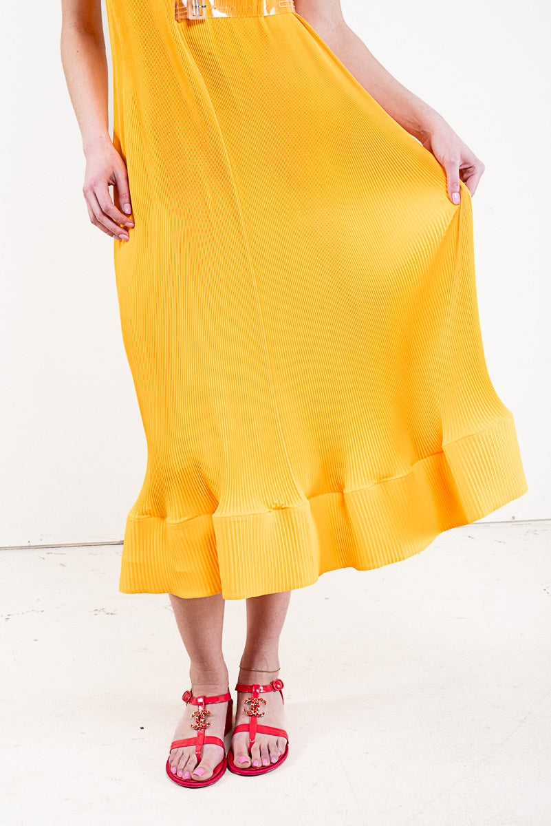 Marigold Pleated Mockneck Ruffle Midi Dress