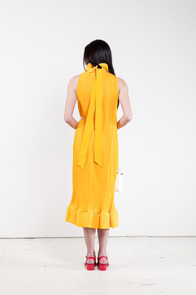 Marigold Pleated Mockneck Ruffle Midi Dress
