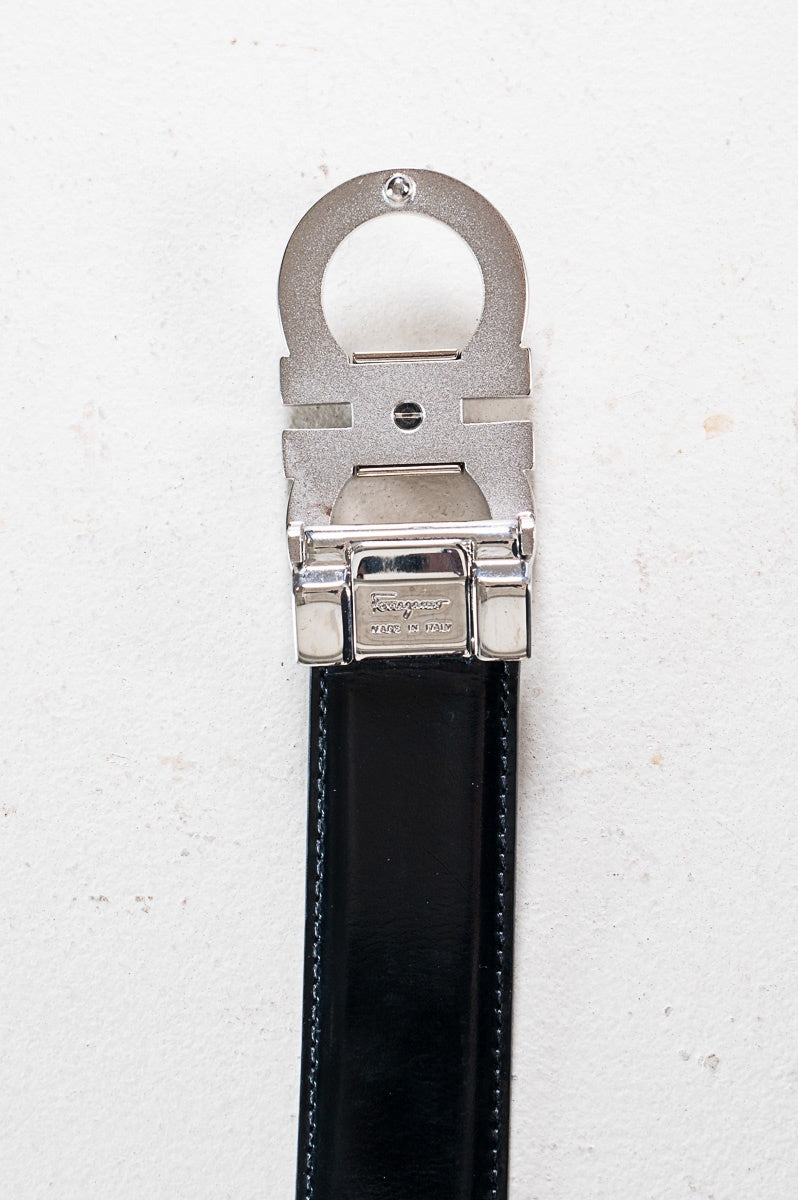 Brushed Metal Buckle on Brown & Black Reversible Belt