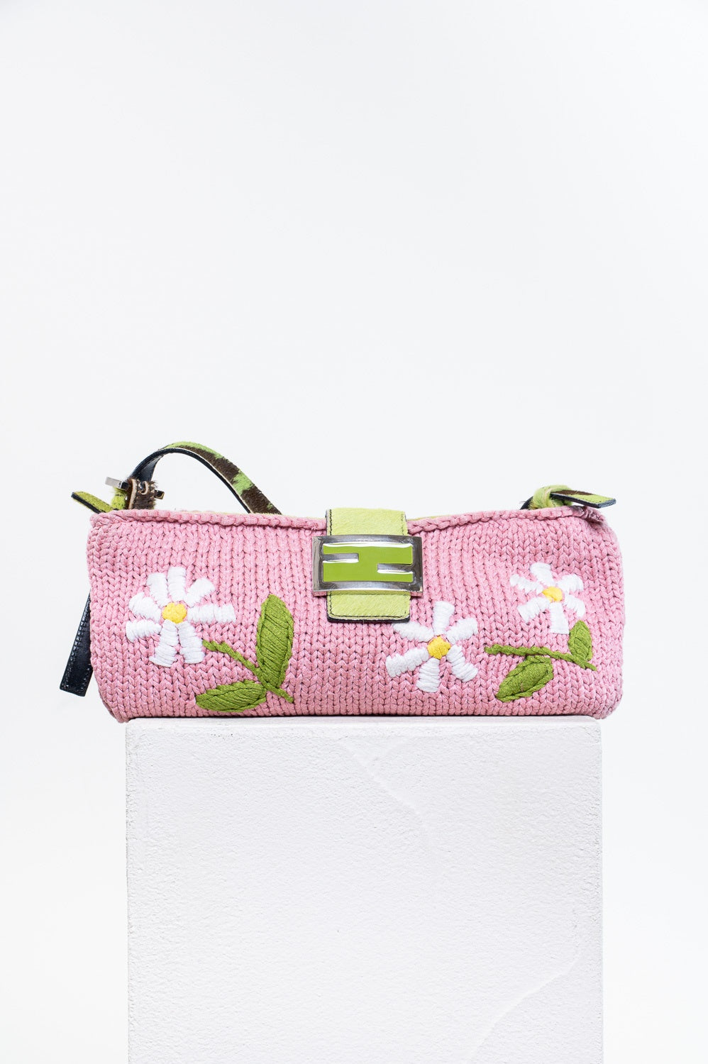 Pink Knit Floral Green Cow Print Pony Hair Baguette bag