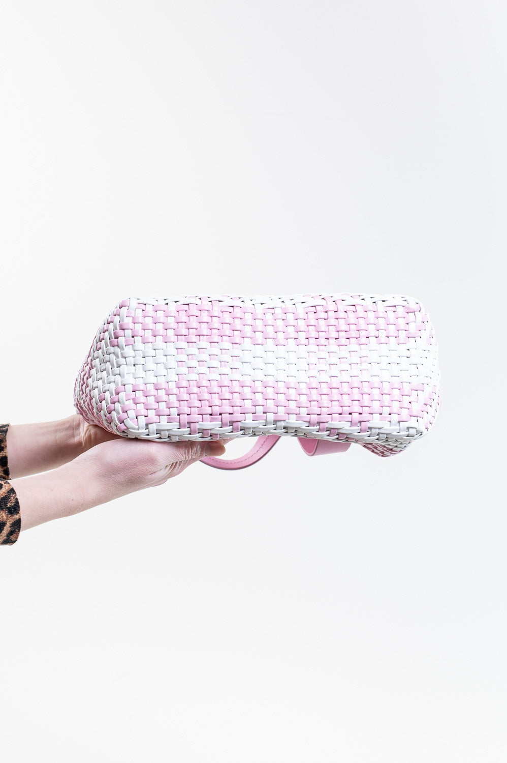 Pink and White Small Leather Weaved Tote
