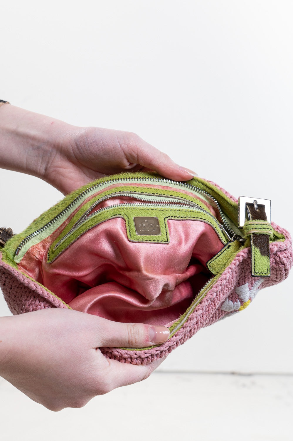 Pink Knit Floral Green Cow Print Pony Hair Baguette bag