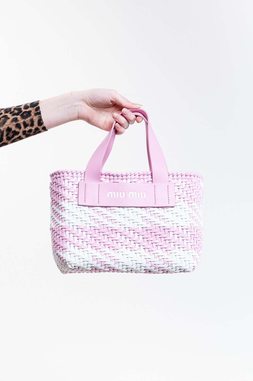 Pink and White Small Leather Weaved Tote