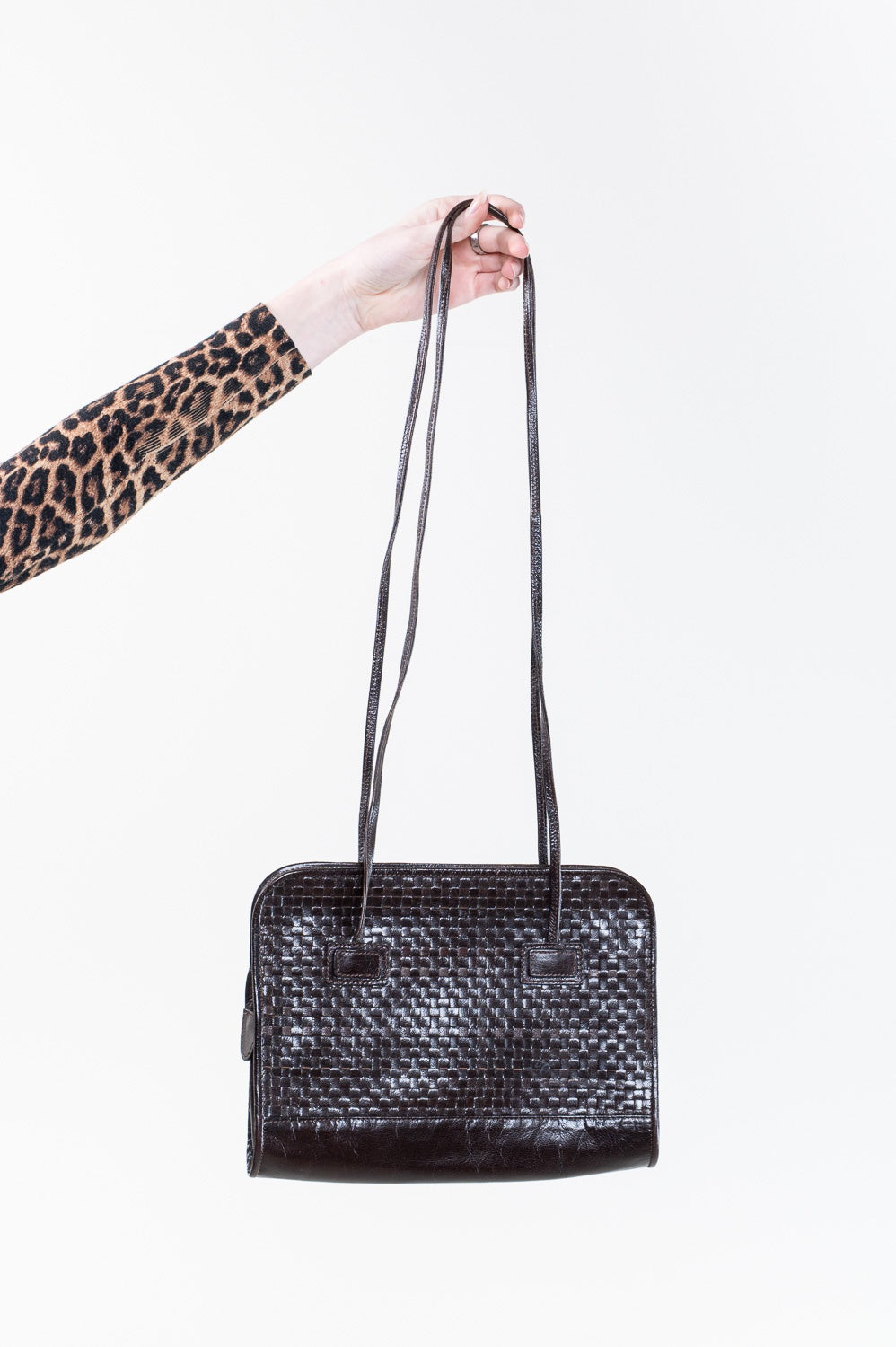 Vintage Brown Woven Leather Double Strap Shoulder Bag