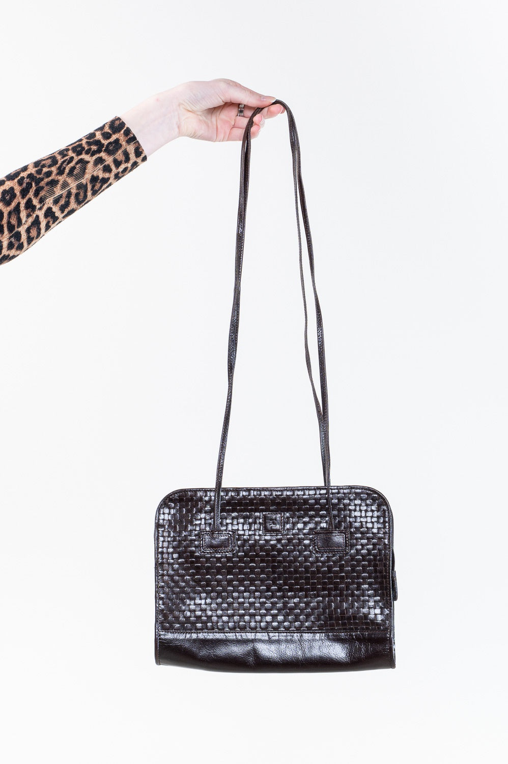 Vintage Brown Woven Leather Double Strap Shoulder Bag