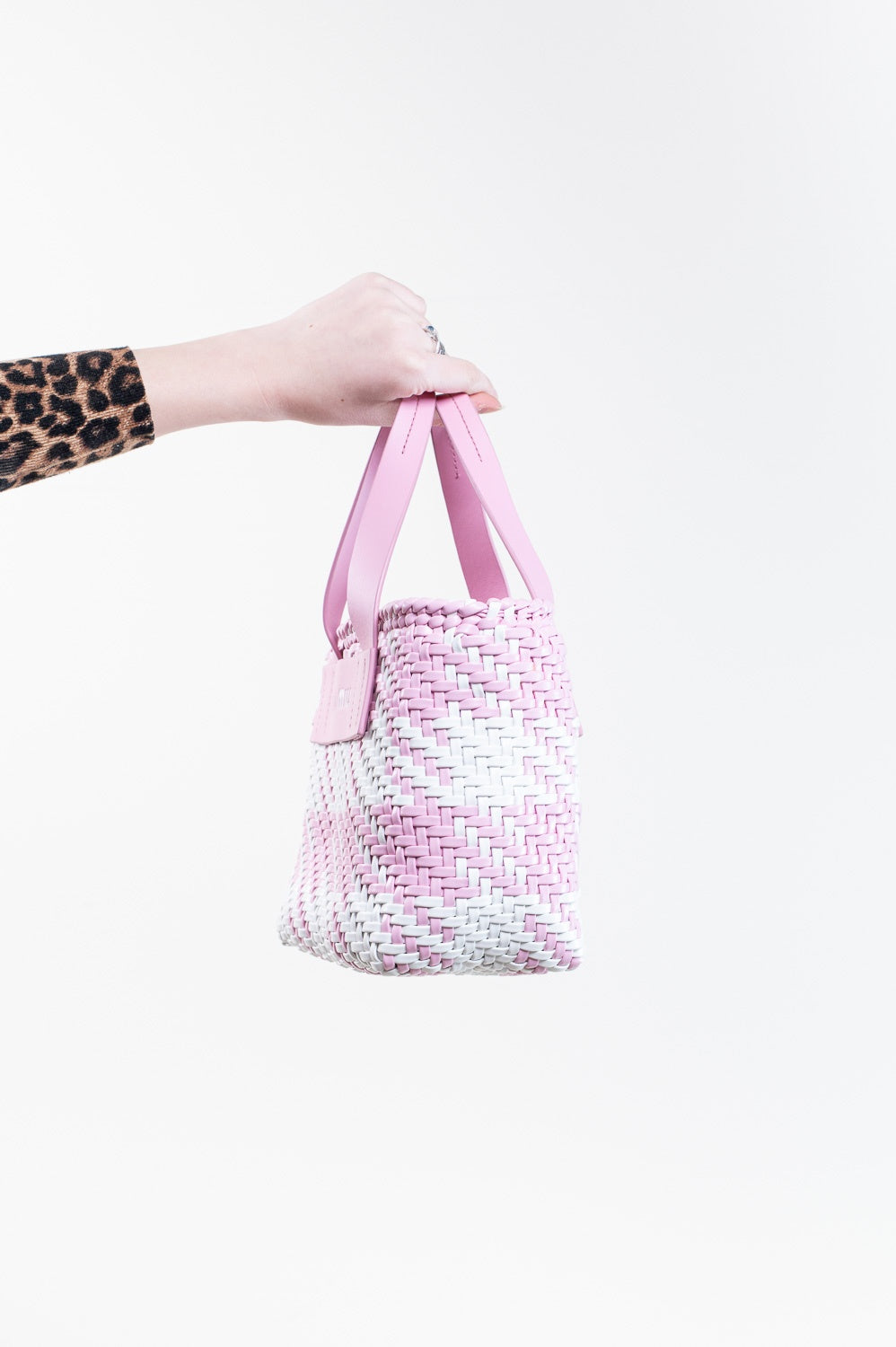 Pink and White Small Leather Weaved Tote