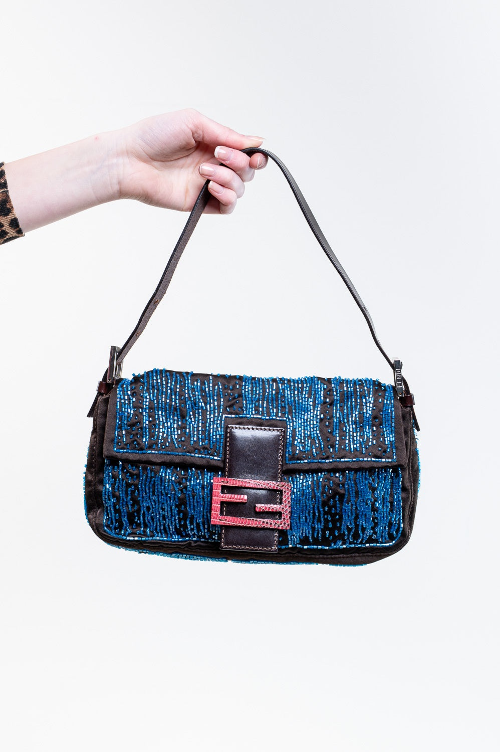 Brown Satin w/ Blue Beading Baguette