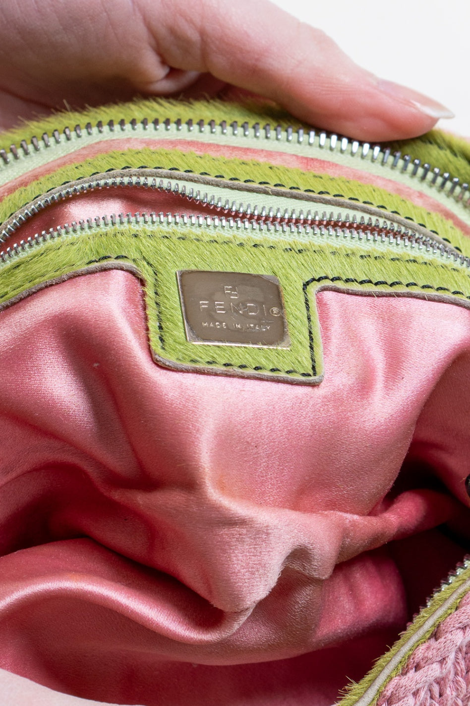 Pink Knit Floral Green Cow Print Pony Hair Baguette bag