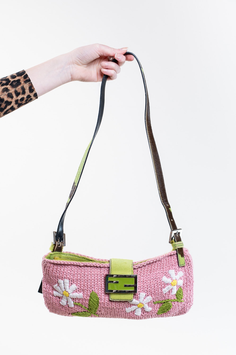 Pink Knit Floral Green Cow Print Pony Hair Baguette bag