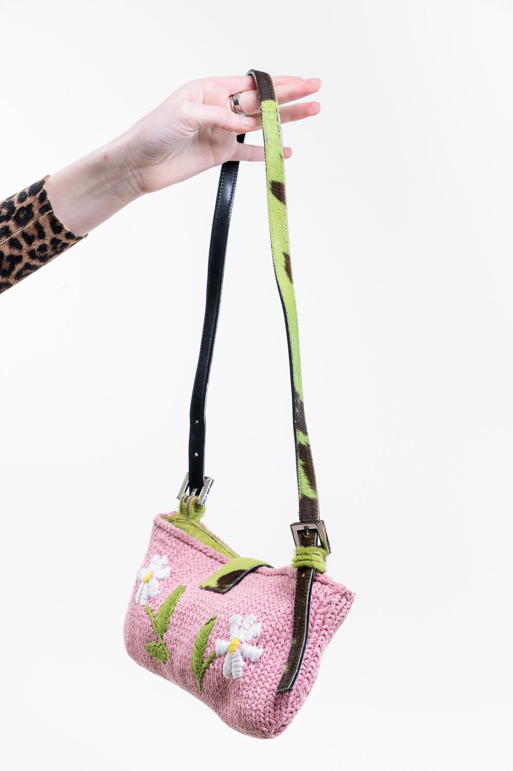 Pink Knit Floral Green Cow Print Pony Hair Baguette bag