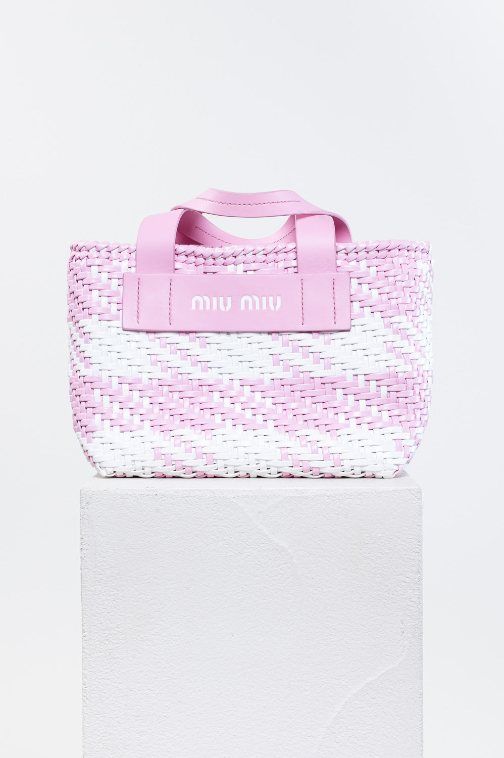 Pink and White Small Leather Weaved Tote