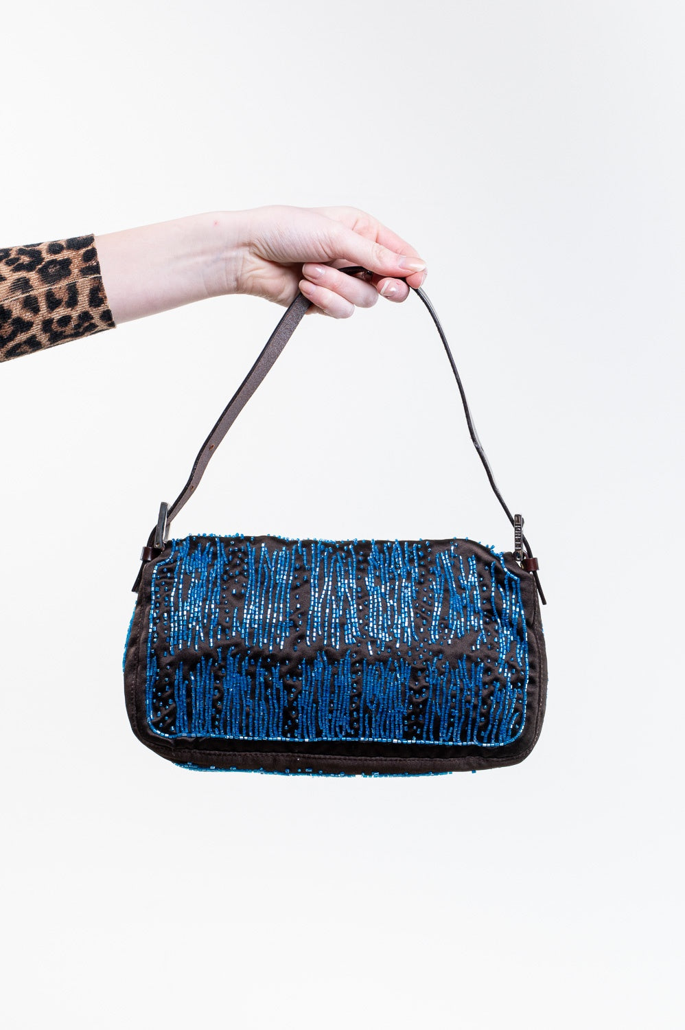 Brown Satin w/ Blue Beading Baguette