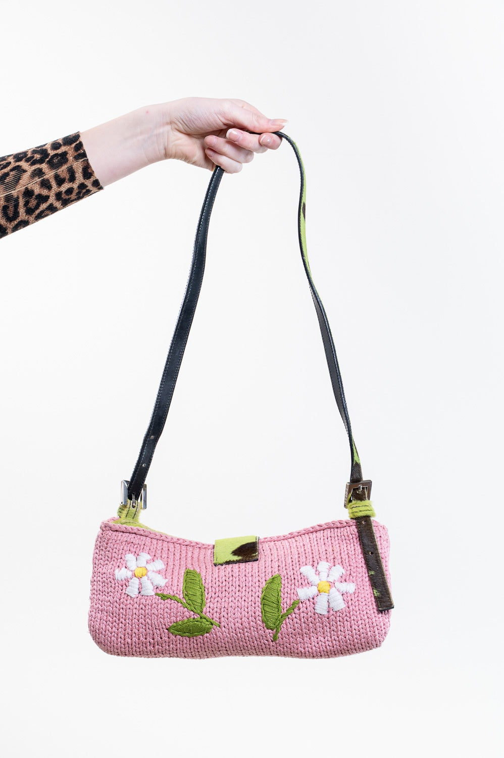 Pink Knit Floral Green Cow Print Pony Hair Baguette bag
