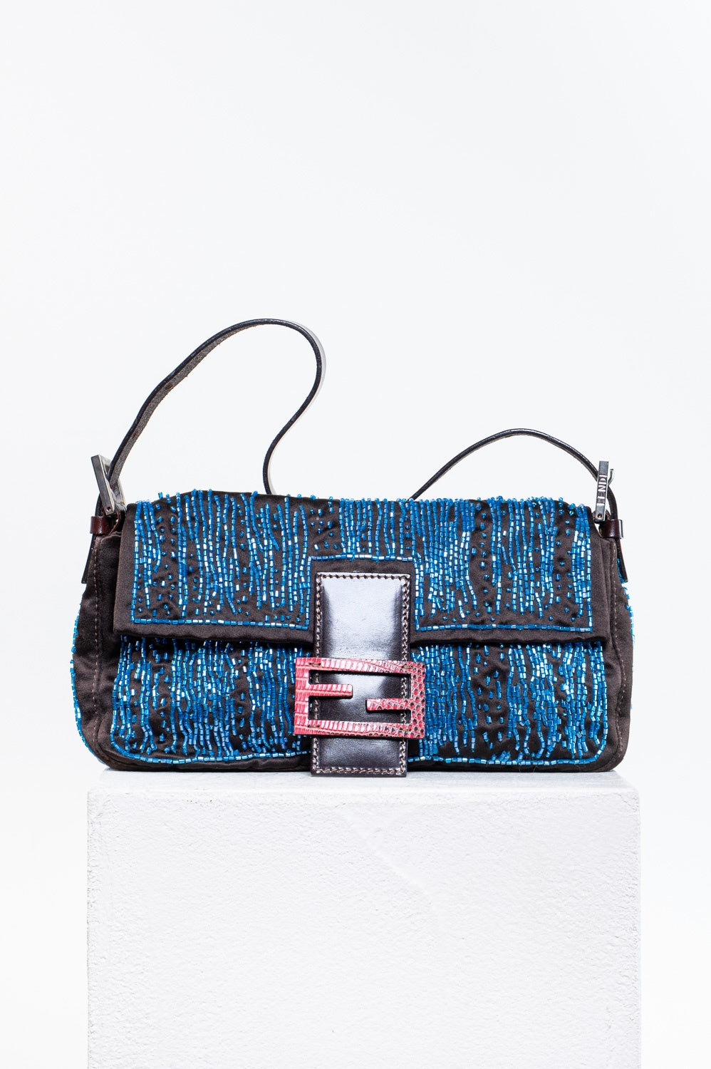 Brown Satin w/ Blue Beading Baguette