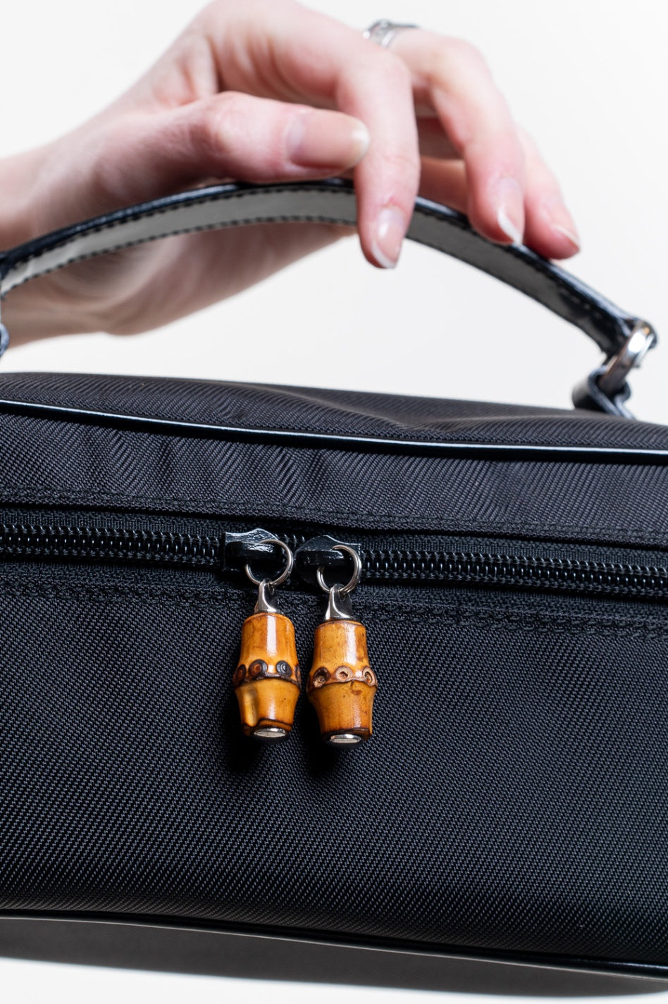 Vintage Black Canvas Top Handle Bamboo Toiletry Case