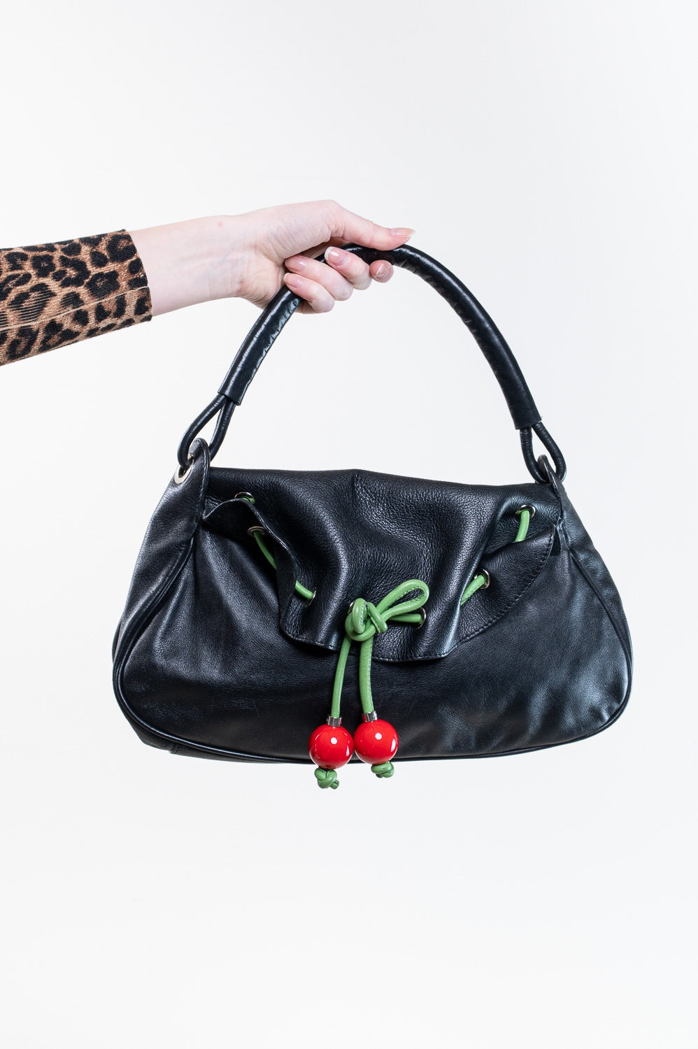 Black Flap Shoulder Bag w/ Cherry Tie