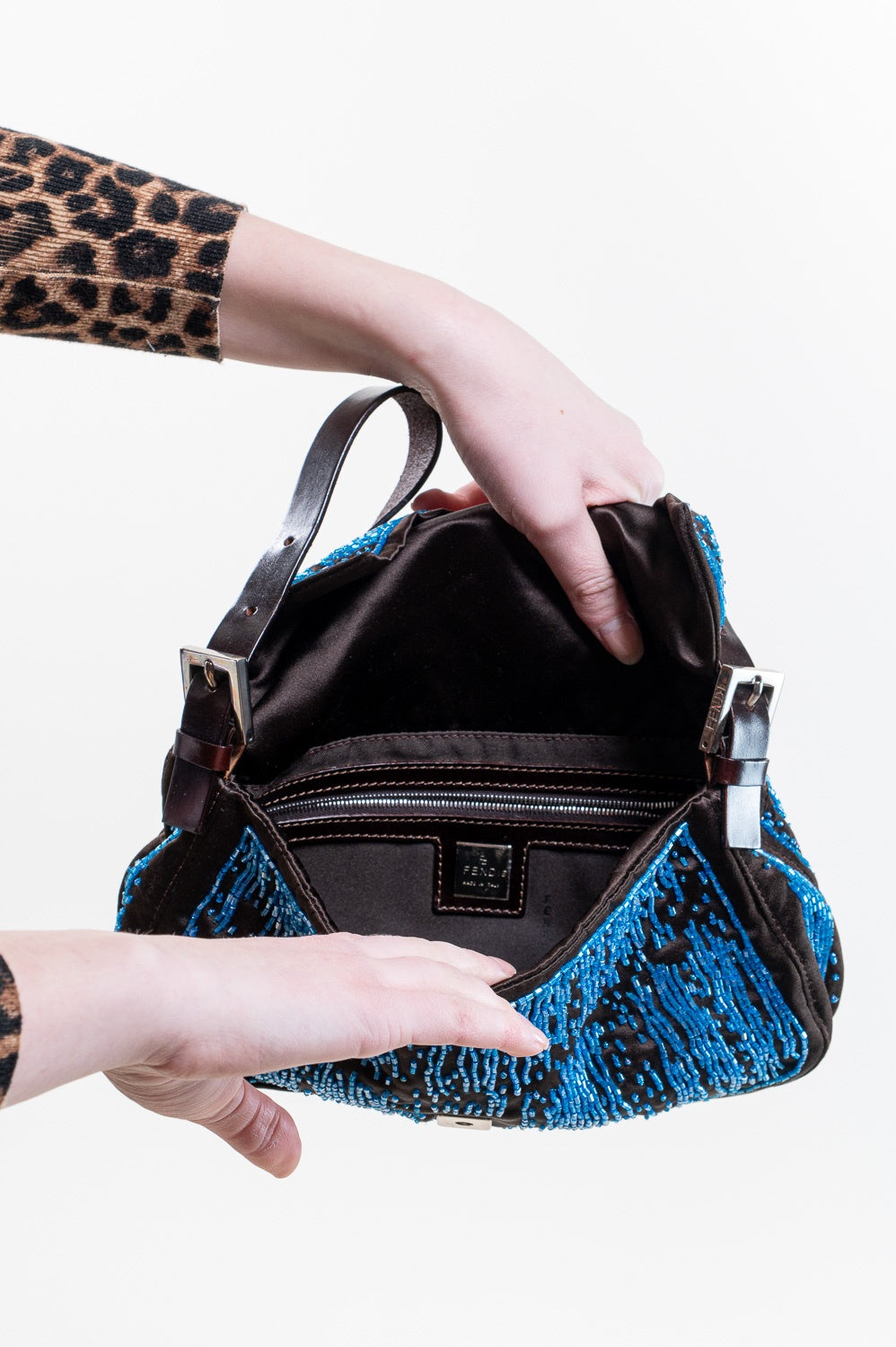 Brown Satin w/ Blue Beading Baguette