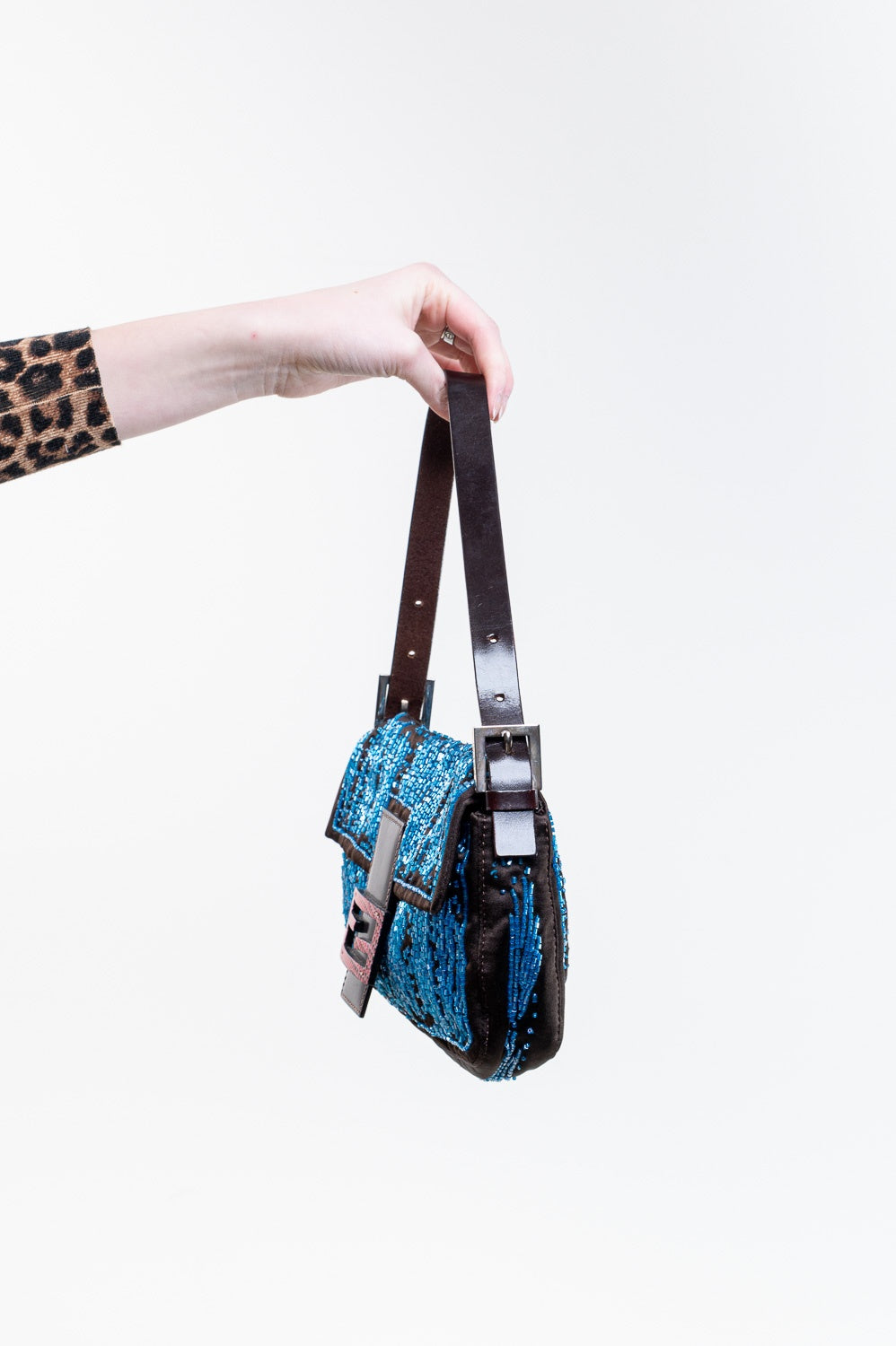 Brown Satin w/ Blue Beading Baguette