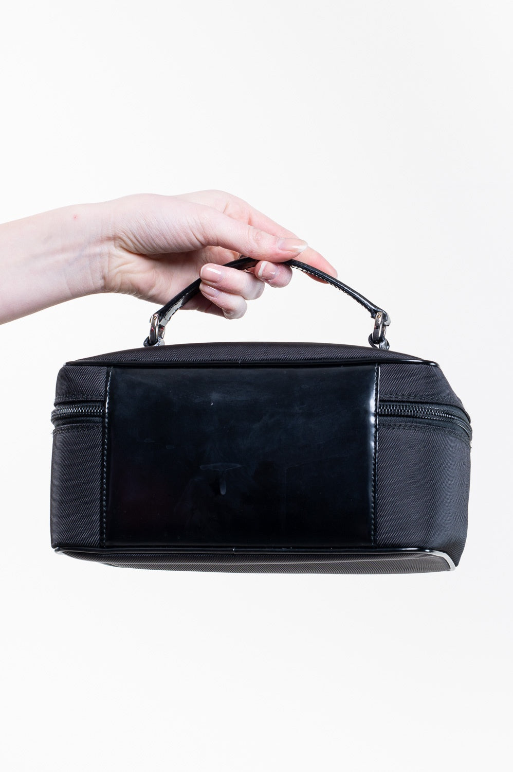 Vintage Black Canvas Top Handle Bamboo Toiletry Case