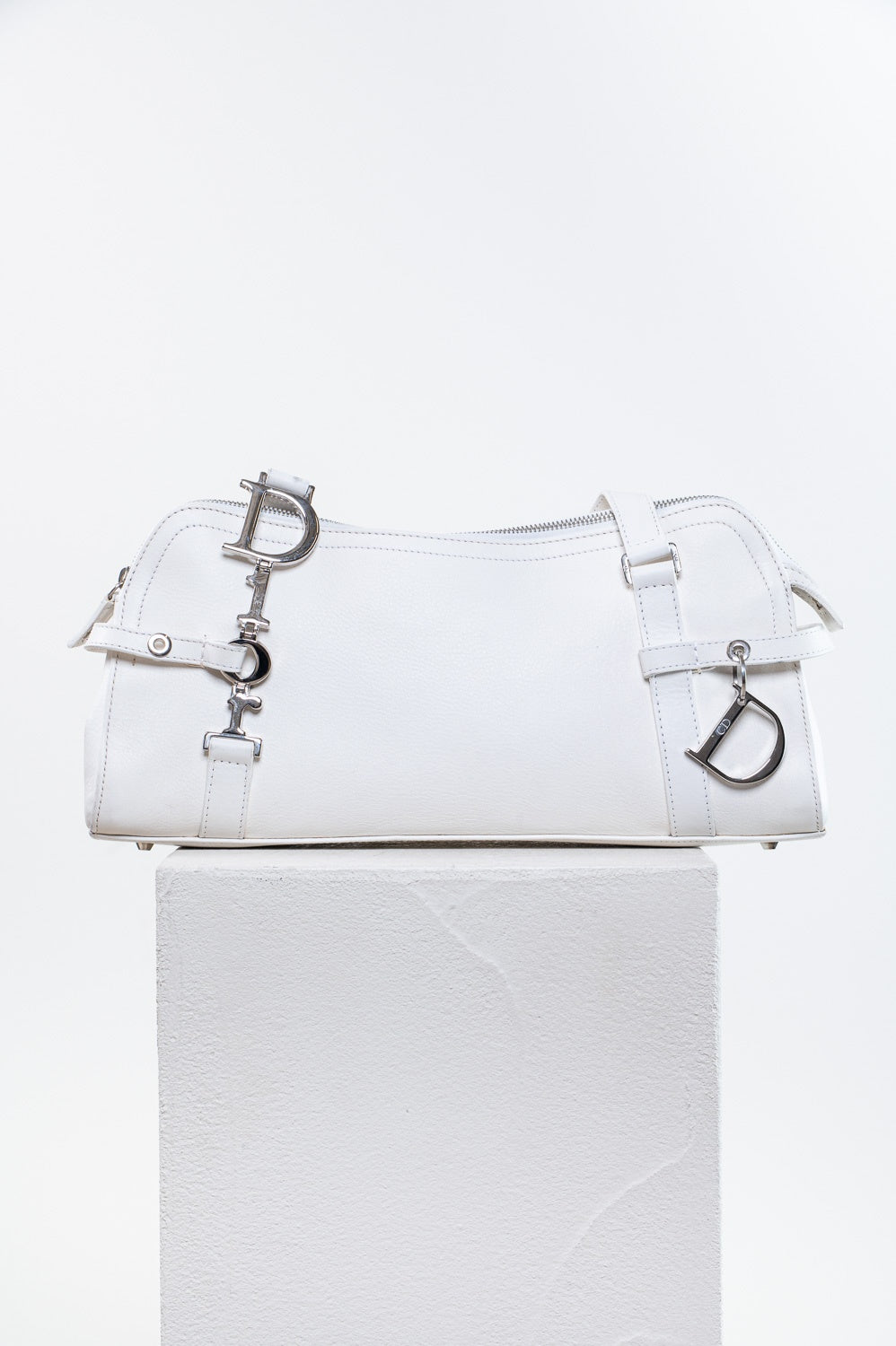 Vintage White Leather Logo Charms Boston Bag