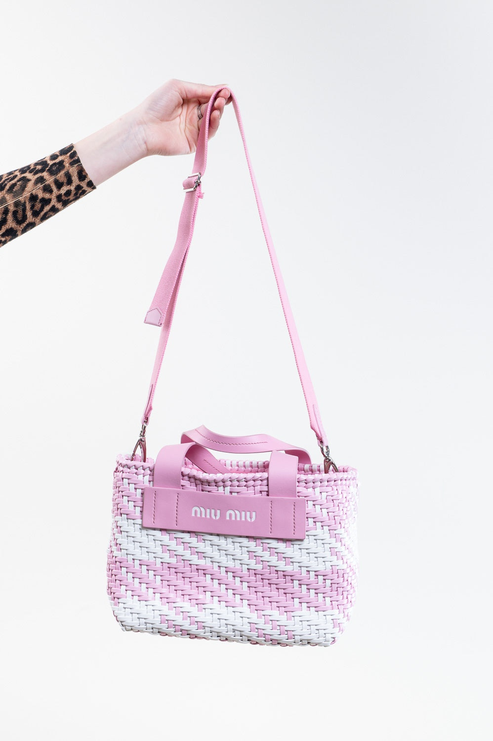 Pink and White Small Leather Weaved Tote
