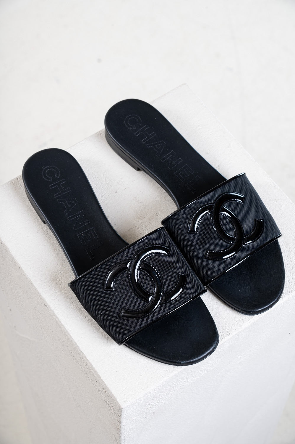 Black Mesh and Patent Leather CC Logo Slide Sandals