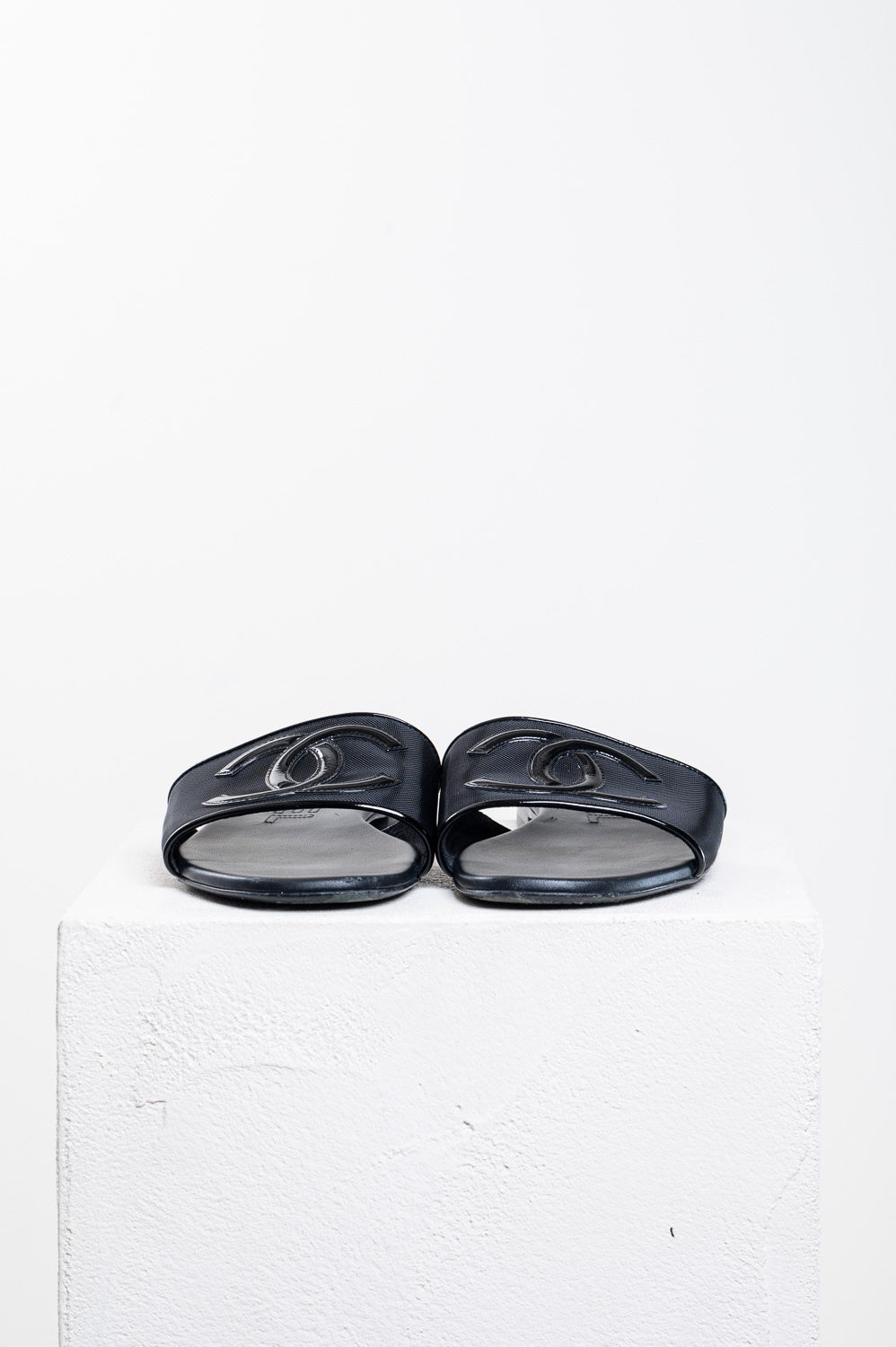 Black Mesh and Patent Leather CC Logo Slide Sandals
