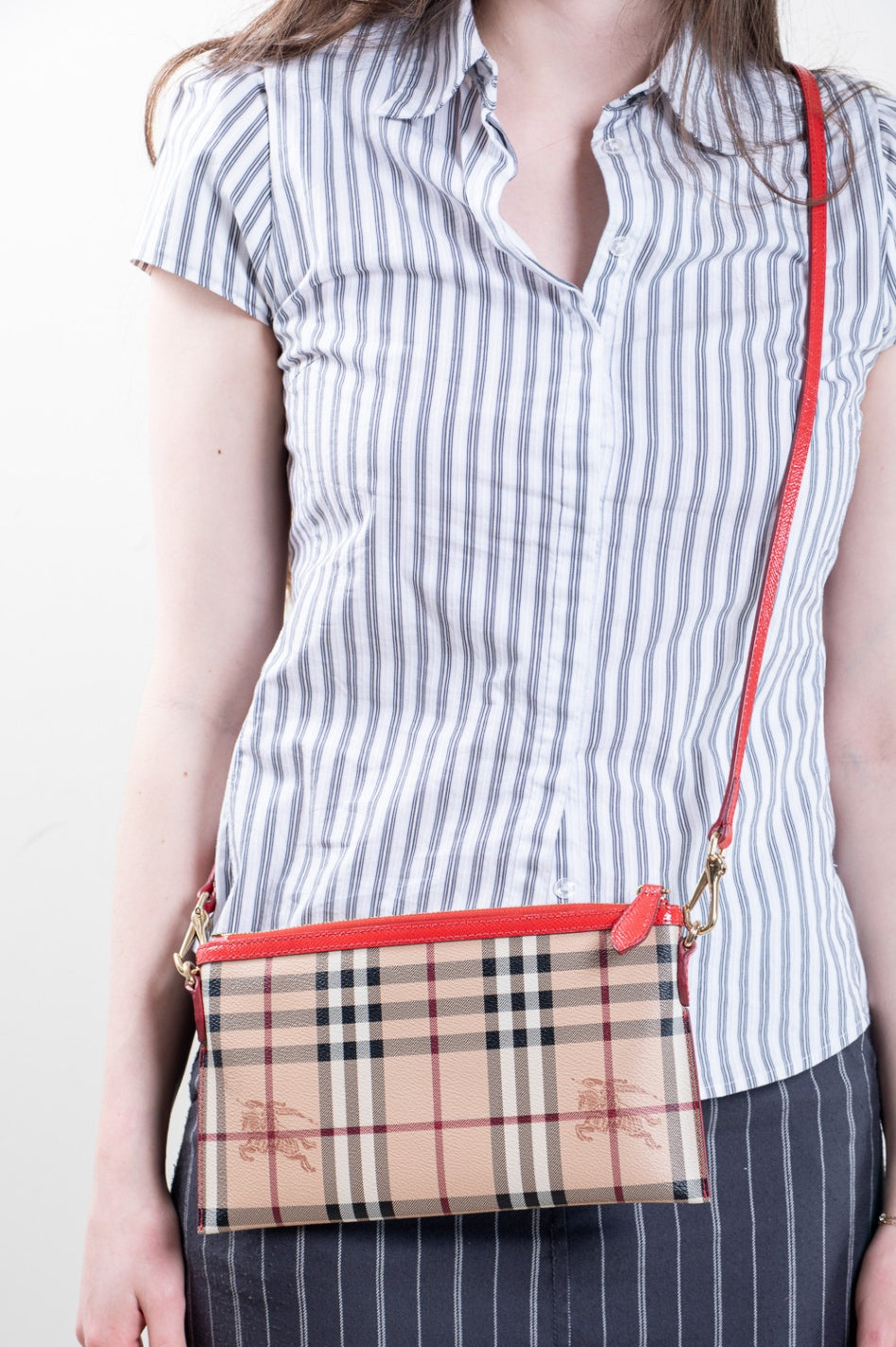 Haymarket Check Logo Canvas w/ Coral Leather Trim Crossbody