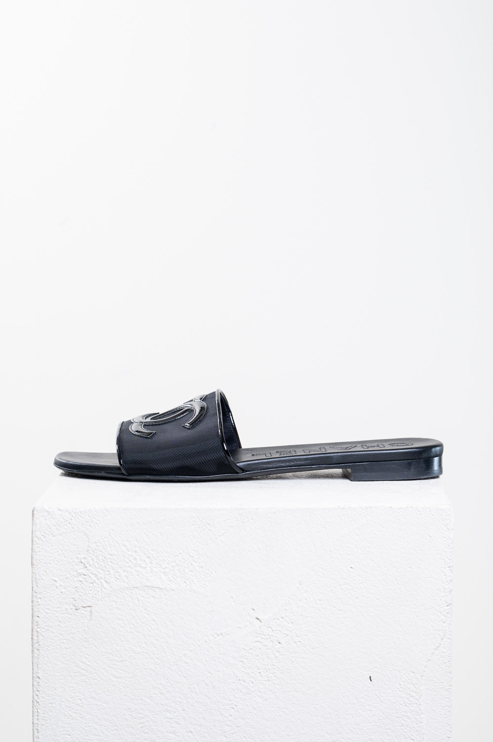 Black Mesh and Patent Leather CC Logo Slide Sandals