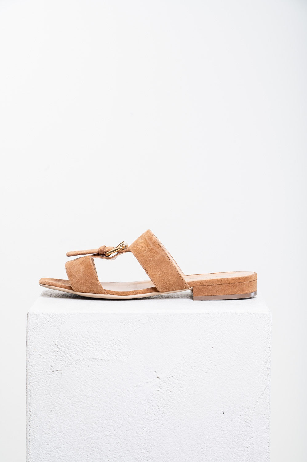 Brown Suede & Gold Buckle Sandal