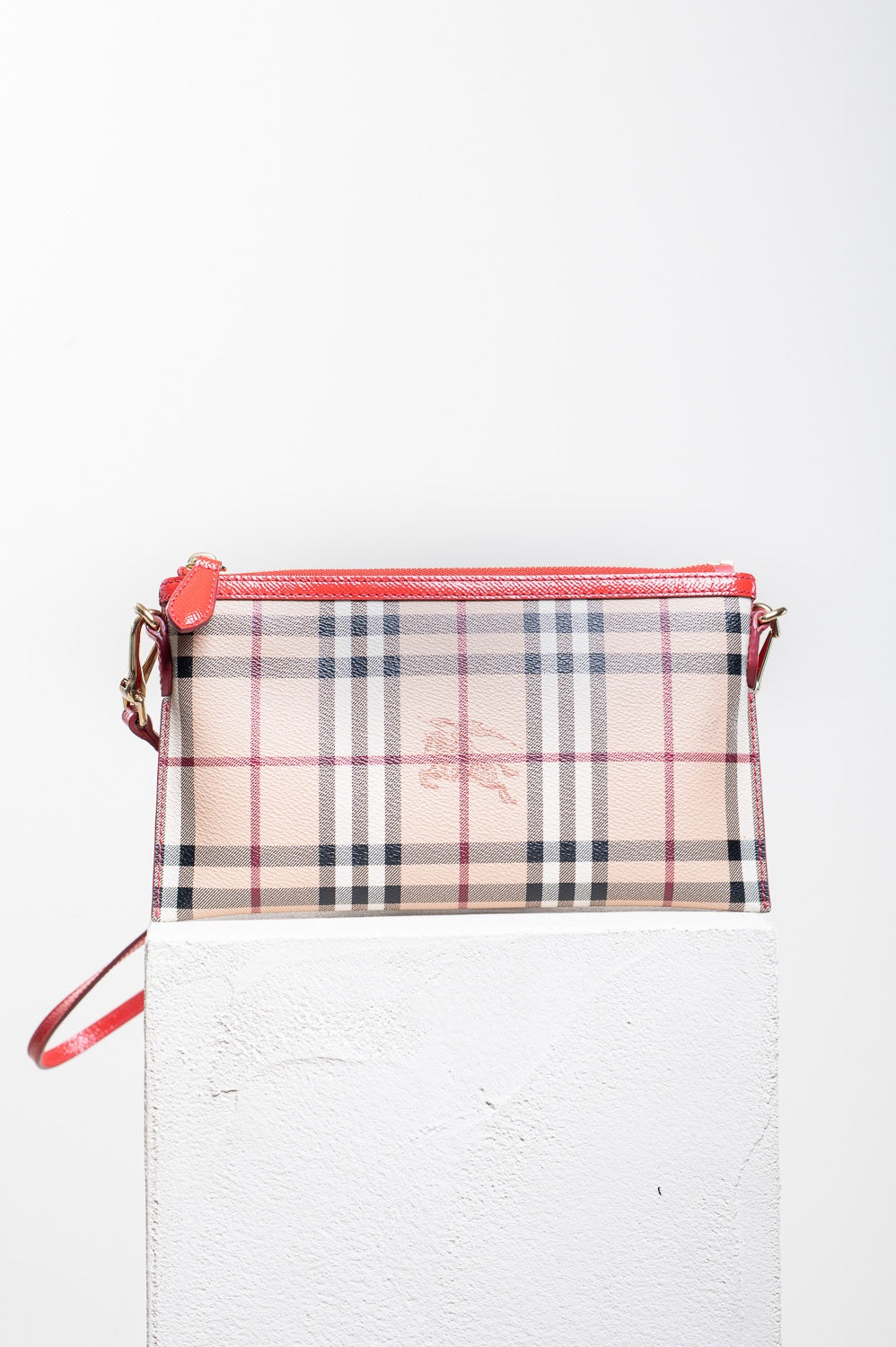 Haymarket Check Logo Canvas w/ Coral Leather Trim Crossbody