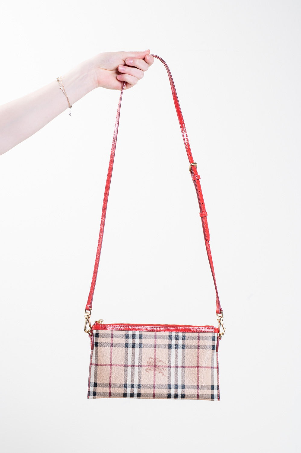 Haymarket Check Logo Canvas w/ Coral Leather Trim Crossbody