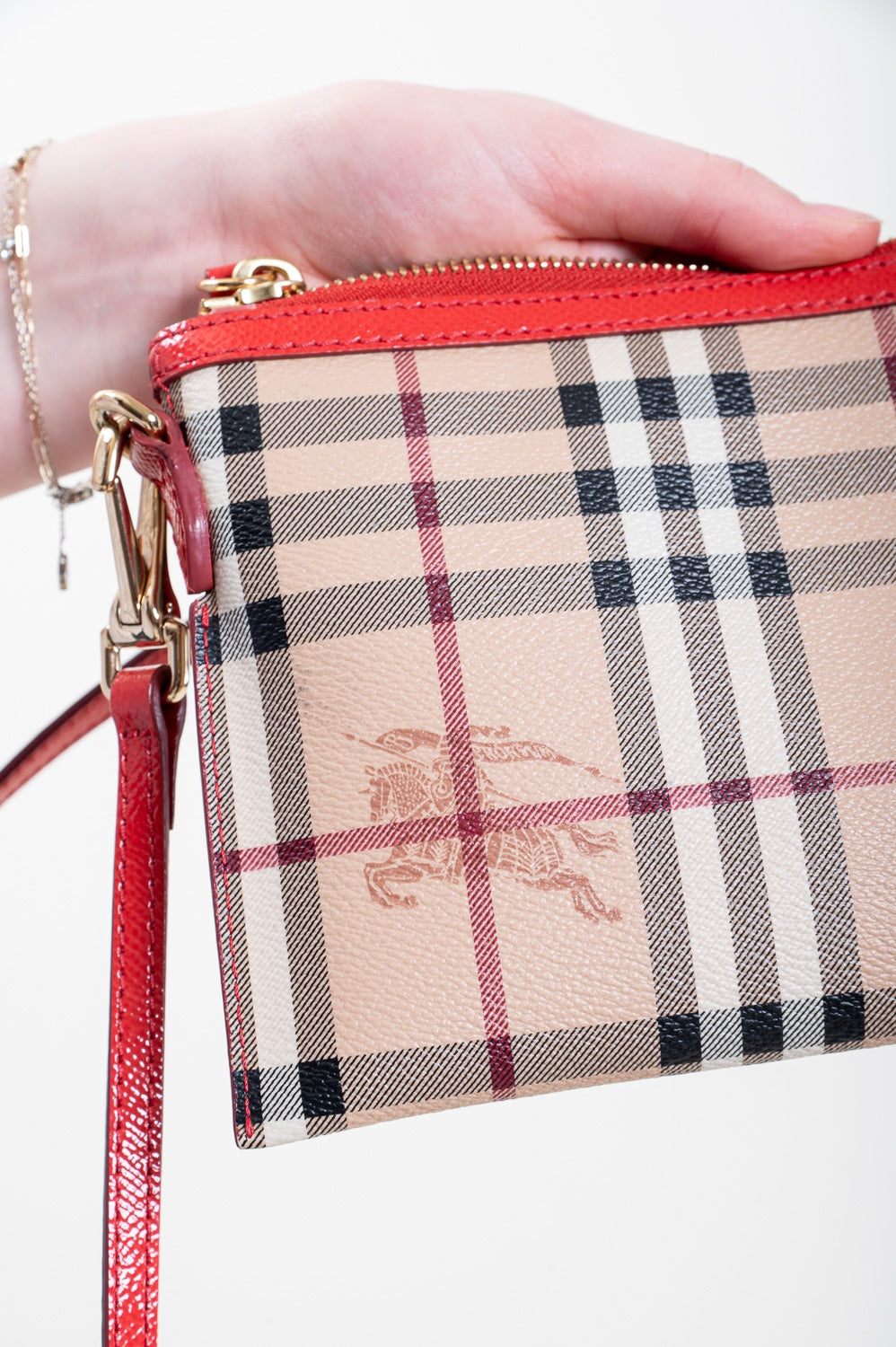 Haymarket Check Logo Canvas w/ Coral Leather Trim Crossbody