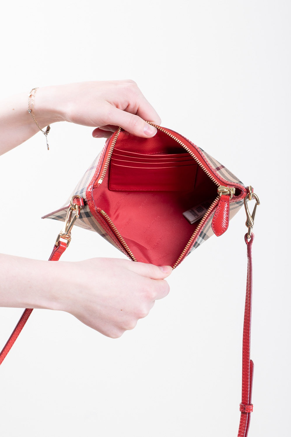 Haymarket Check Logo Canvas w/ Coral Leather Trim Crossbody