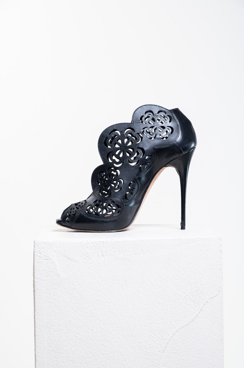 Black Lazer Cut High Heel Sandal