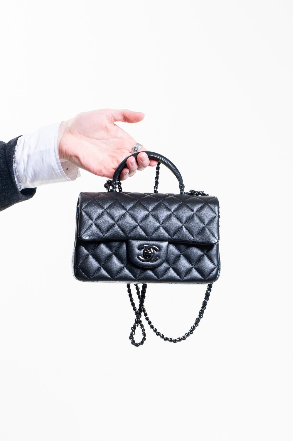 So Black Mini Top Handle Flap Quilted Bag