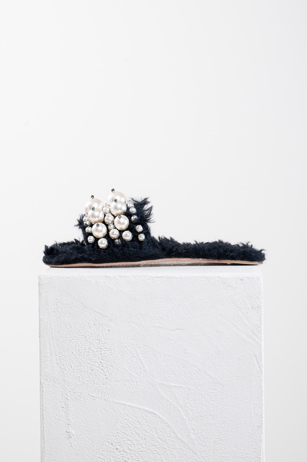Black Eco Shearling & Faux Pearl Flat Sandal