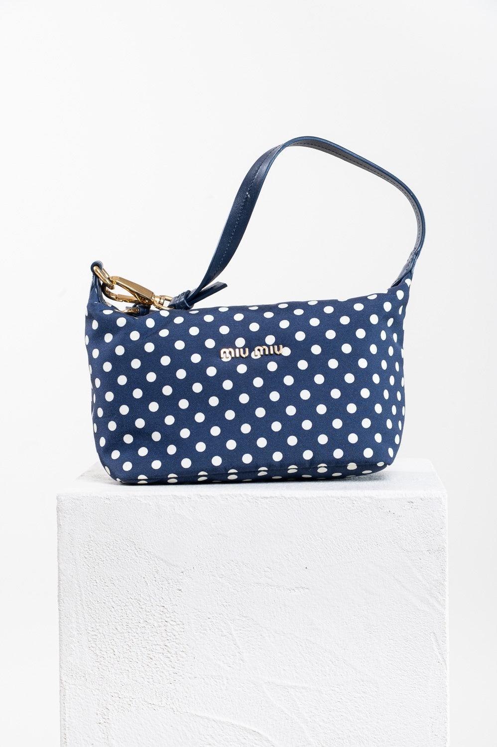 Navy Miu Spirit Printed Faille Mini Top Handle Bag