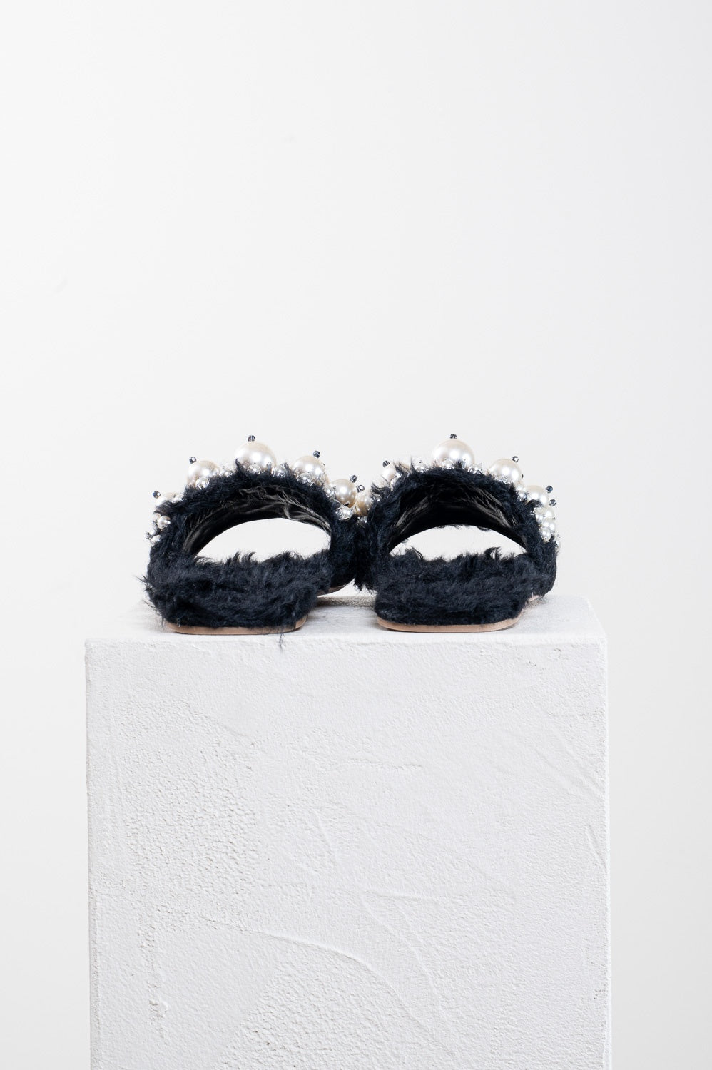Black Eco Shearling & Faux Pearl Flat Sandal