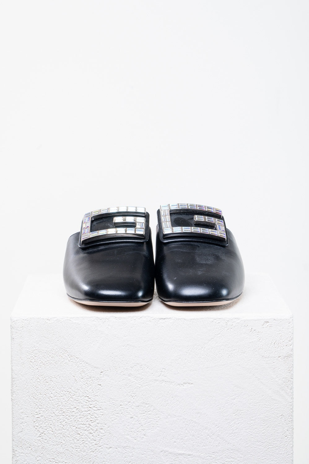 Black Leather Crystal 'Madelyn' Mules
