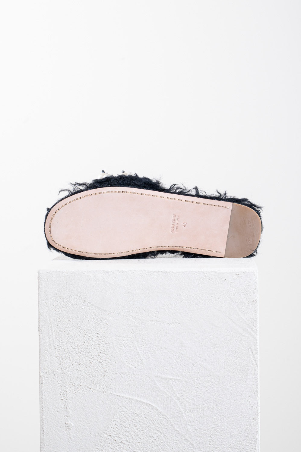 Black Eco Shearling & Faux Pearl Flat Sandal