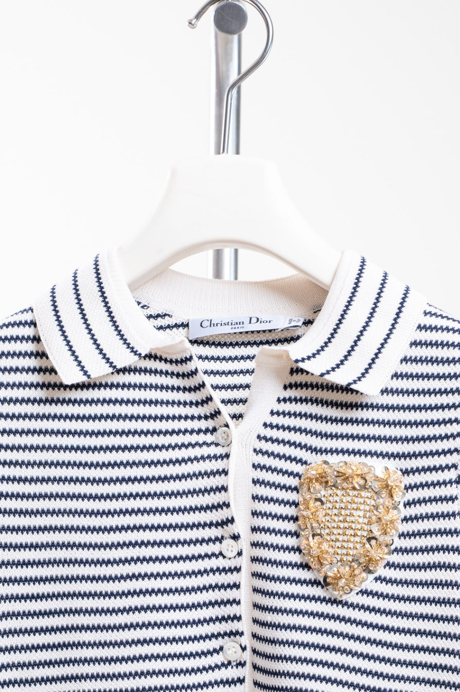 Navy Striped Rib Knit Polo Dress