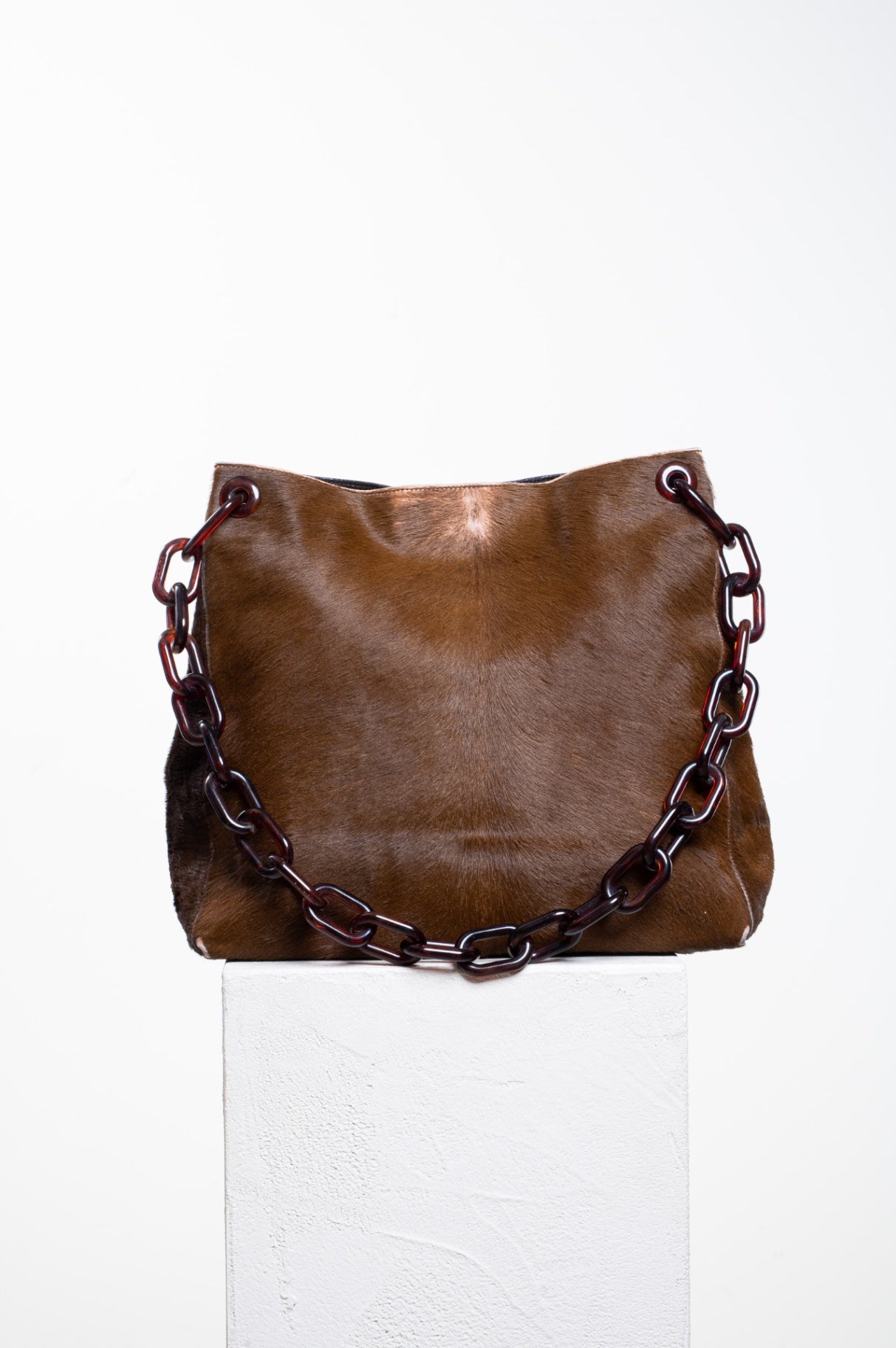 Brown Pony Hair Link Strap Shoulder Bag