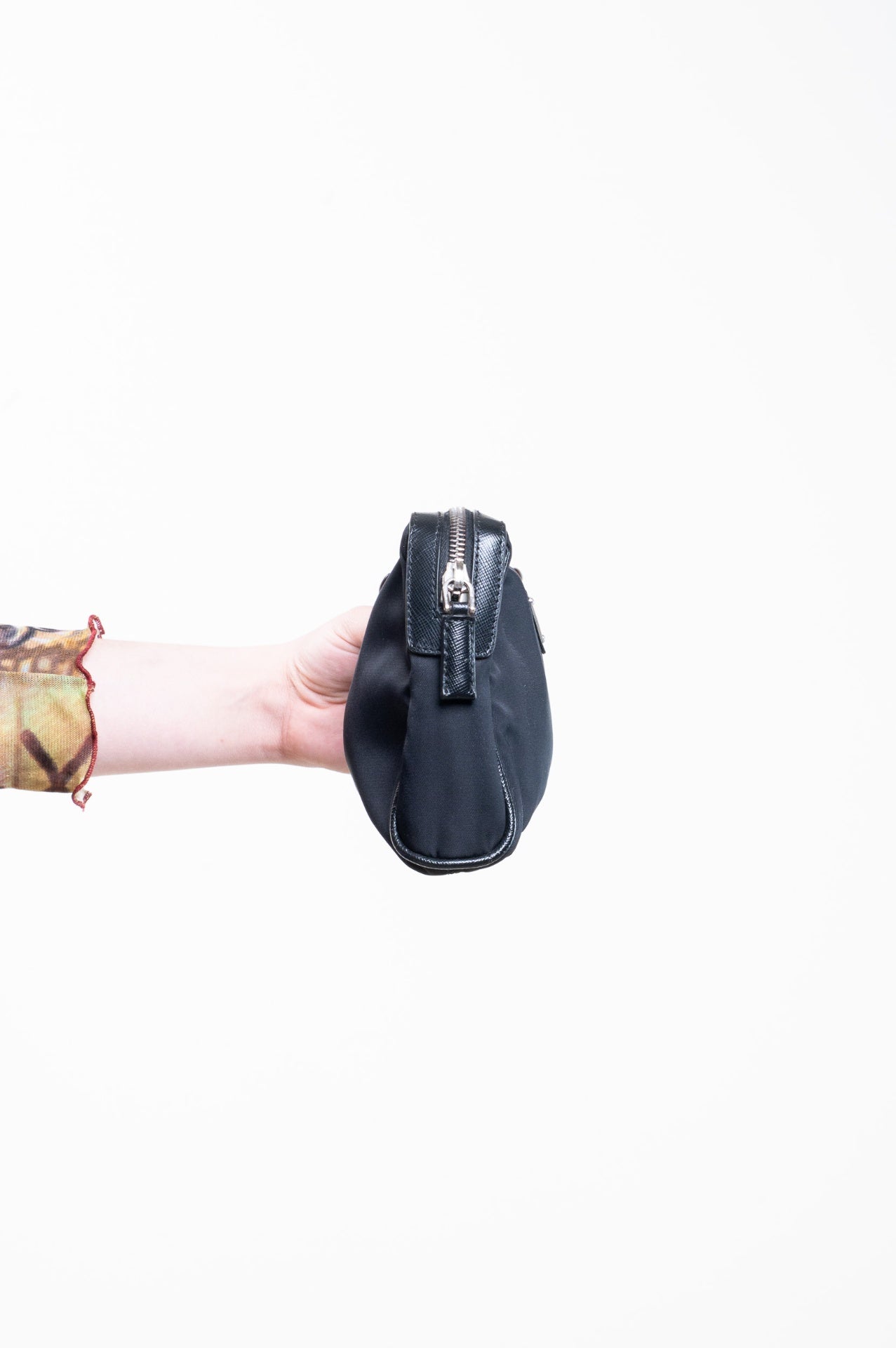 Black Nylon Leather Trim Plaque Zip Pouch